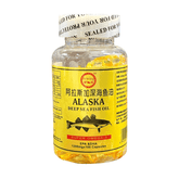 A clear bottle of Silver Fox Supplement Alaska Deep Sea Fish Oil 100 Softgels has a yellow fish-illustrated label with Chinese/English text. It highlights omega-3 fatty acids, EPA & DHA 1200mg, and comes with a sealed cap.
